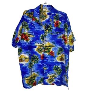 RINA HAWAIIN BUTTON DOWN SHIRT BLUE  SHORT SLEEVE PALM TREE BEACH VTG MEN LARGE